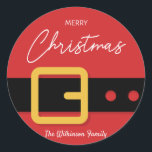 Santa Claus Merry Christmas Sticker - individuell<br><div class="desc">Das Holiday Aufkleber Design zeichnet sich durch ein einzigartiges Design des Weihnachtsmanns aus,  mit goldfarbenem und schwarzem Ledergürtel. Benutzerdefinierte Texte für Ihren Namen können nach Bedarf personalisiert werden.</div>