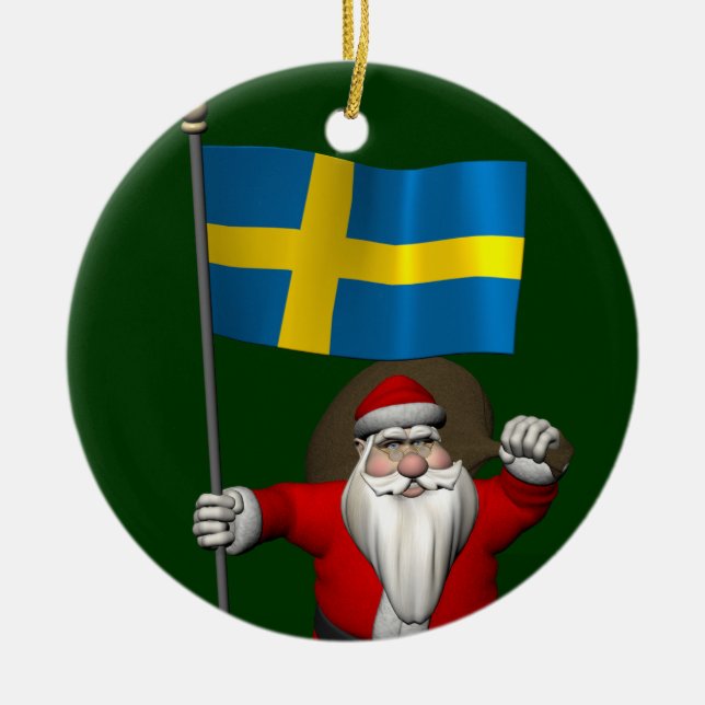Santa Claus mit der Flagge Schwedens Keramik Ornament (Vorne)