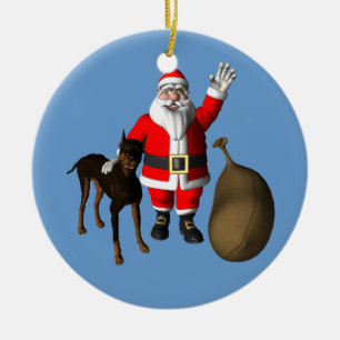 Santa Claus mit Doberman Pinscher Keramik Ornament