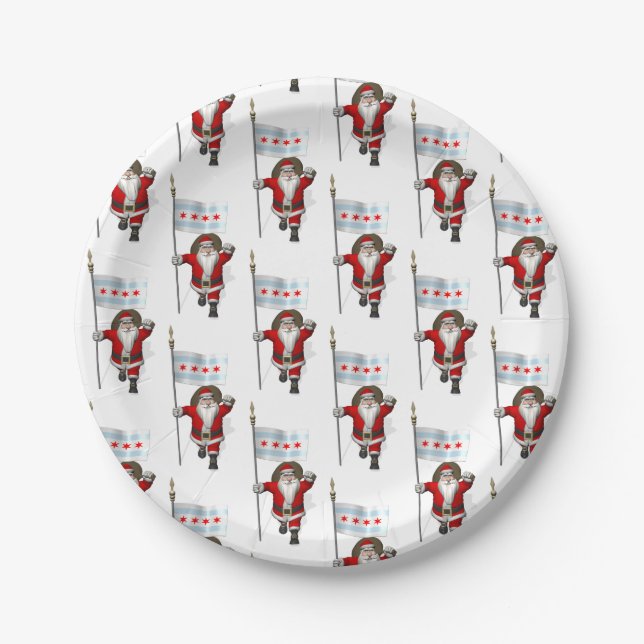 Santa Claus mit Flagge von Chicago Pappteller (Vorderseite)