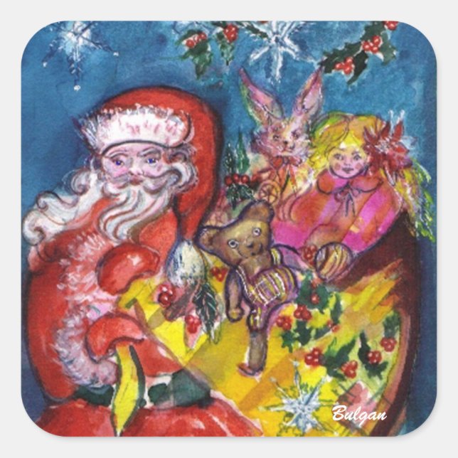 SANTA CLAUS MIT GIFTS QUADRATISCHER AUFKLEBER (Vorderseite)