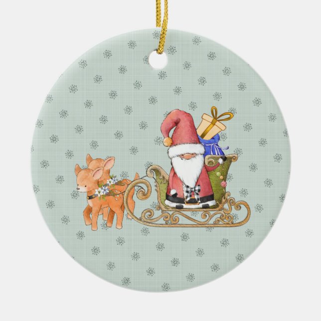 Santa Claus mit Rentier und Sleigh Custom Keramik Ornament (Vorne)