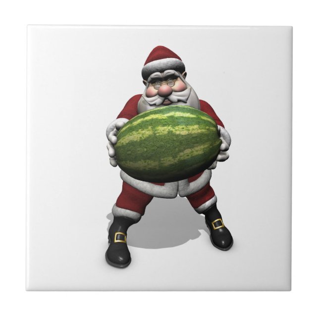 Santa Claus mit riesiger Wassermelone Fliese (Vorderseite)