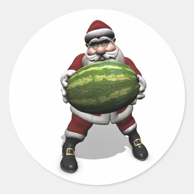 Santa Claus mit sehr großer Wassermelone Runder Aufkleber (Vorderseite)