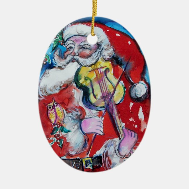 SANTA CLAUS MIT VIOLIN, MUSIK CHRISTMAS Red Ruby Keramikornament (Vorne)