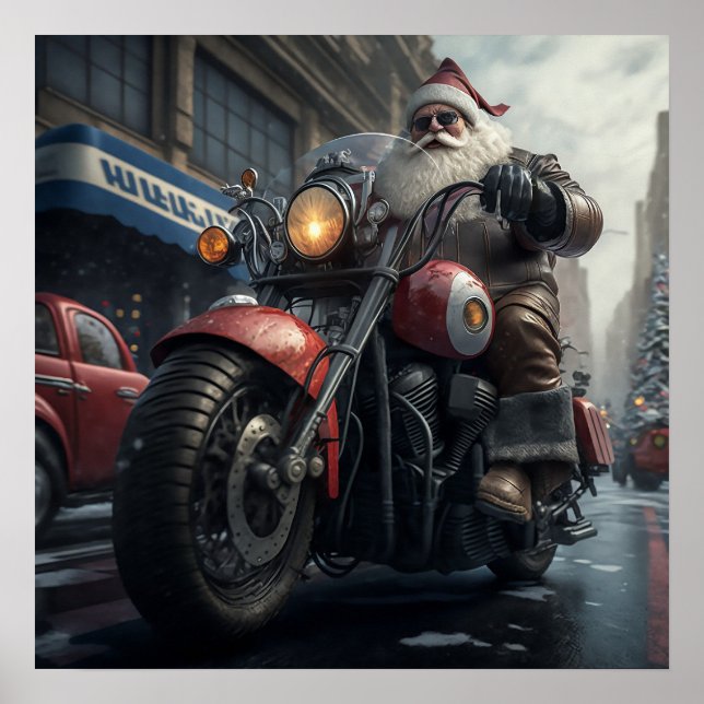 Santa Claus Motorrad Biker Weihnachten Poster (Vorne)