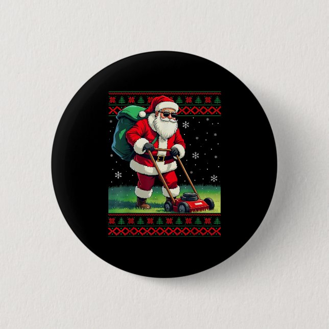 Santa Claus Mowing Lawn Ugly Christmas Holiday Boy Button (Vorderseite)