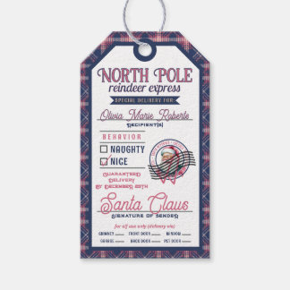 Santa Claus North Pole Pink & Blue Karierte Weihna Geschenkanhänger
