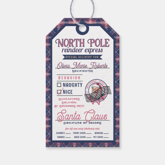 Santa Claus North Pole Pink & Blue Karierte Weihna Geschenkanhänger (Vorderseite)