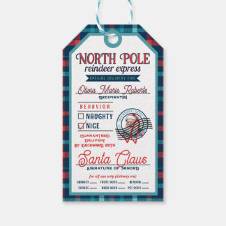 Santa Claus North Pole Pink & Blue Karierte Weihna Geschenkanhänger