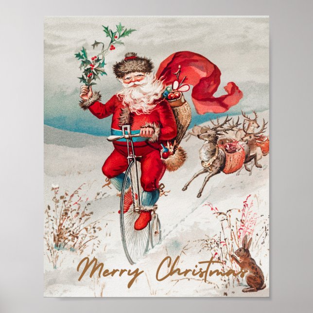 Santa Claus on a penny farthing with reindeer   Poster (Vorne)