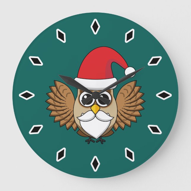 Santa Claus Owl Große Wanduhr (Vorderseite)