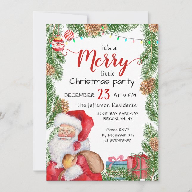 Santa Claus Pine Branch Frohe Weihnachts-Party Einladung (Vorderseite)
