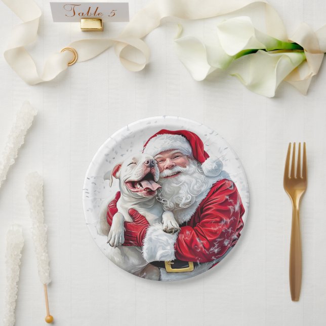Santa Claus & Pitbull Puppy Dog, Papierplatte Pappteller (Hochzeit)