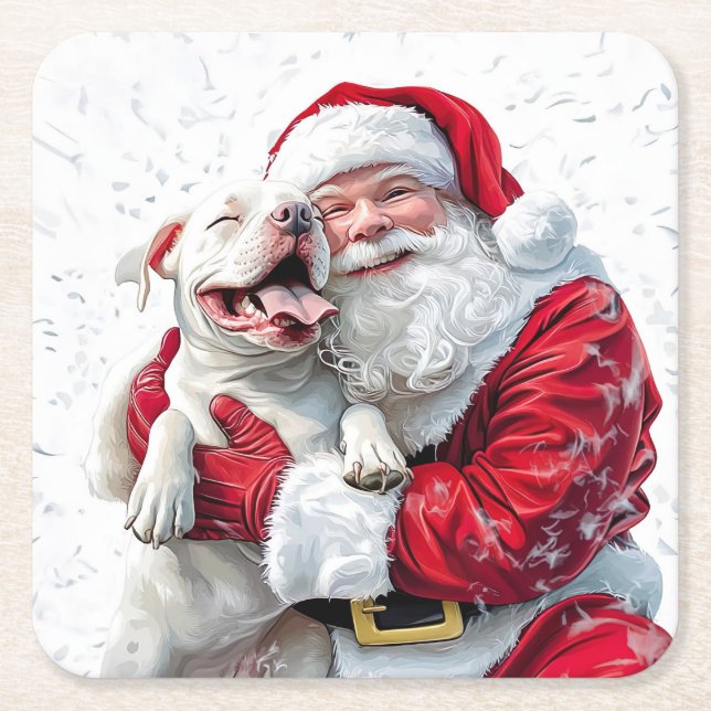 Santa Claus & Pitbull Puppy Dog, Papierplatte Rechteckiger Pappuntersetzer (Vorderseite)