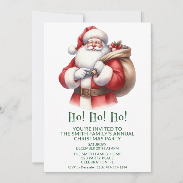 Santa Claus präsentiert grünes Party Einladung (Vorderseite)