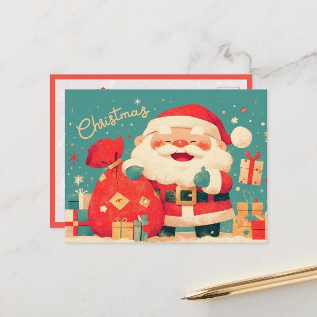 Santa Claus Preparing Christmas Gifts Postkarte (Vorderseite/Rückseite Beispiel)
