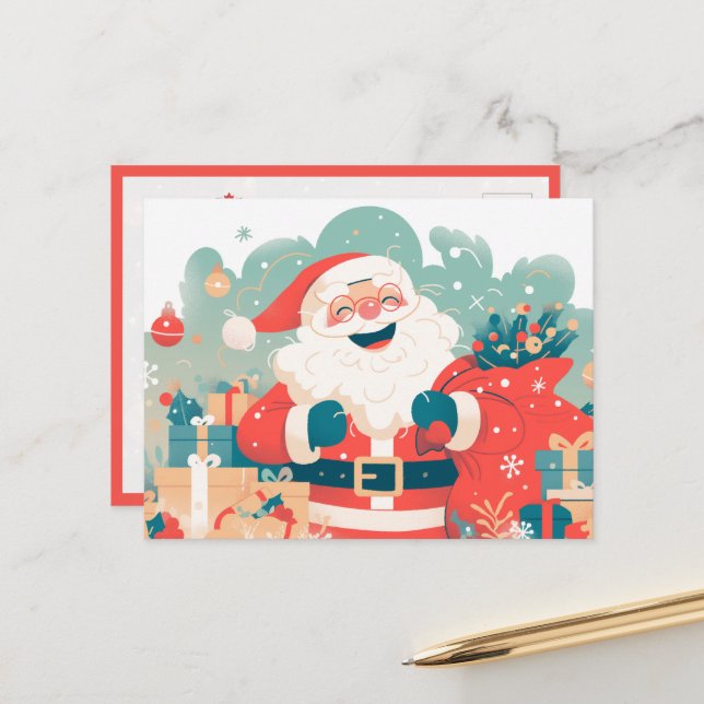 Santa Claus Preparing Christmas Gifts Postkarte (Vorderseite/Rückseite Beispiel)