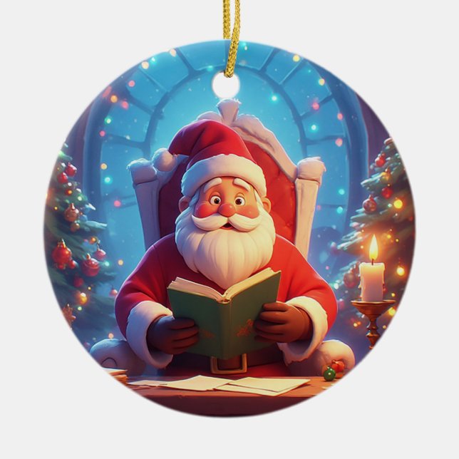 Santa Claus Reading a Book by Candlelight Keramik Ornament (Vorne)