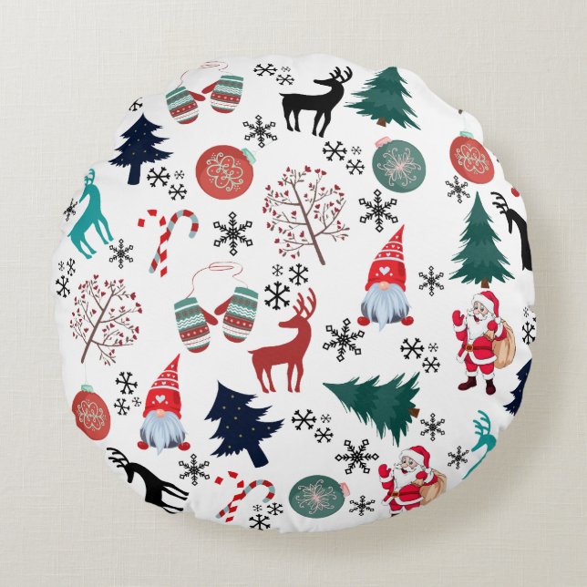 Santa Claus Reindeer Pine Trees Mittens Rundes Kissen (Vorderseite)