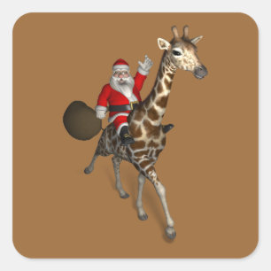 Santa Claus Riding A Giraffe Quadratischer Aufkleber