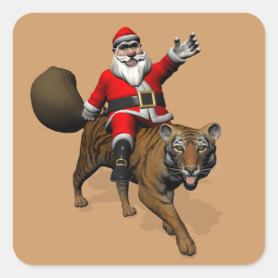 Santa Claus Riding A Tiger Quadratischer Aufkleber