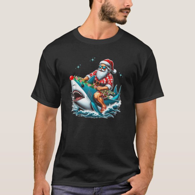Santa Claus Riding Funny Hai T-Shirt (Vorderseite)