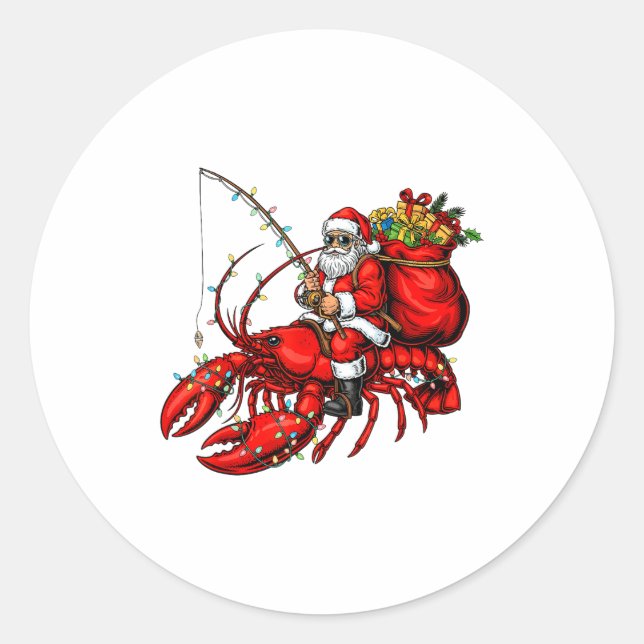 Santa Claus Riding Lobster Lights Christmas Fishin Runder Aufkleber (Vorderseite)
