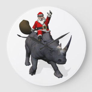 Santa Claus Riding On Rhinoceros Rhino Große Wanduhr
