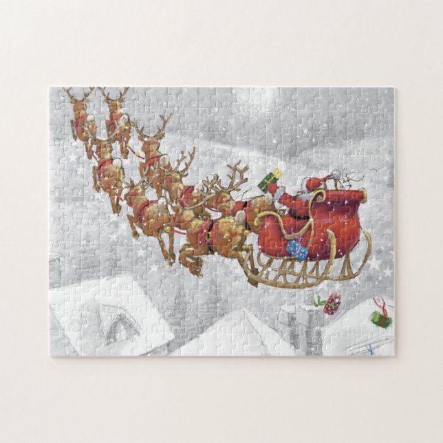 Santa Claus riding on sleigh with gift box (Horizontal)