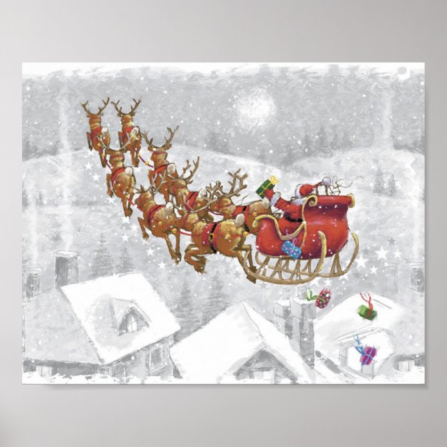Santa Claus riding on sleigh with gift box Poster (Vorne)