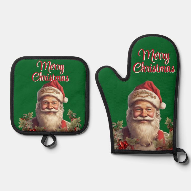 Santa Claus Saint Nicholas Weihnachtsfeiern Ofenhandschuh & Topflappen-Set (Vorderseite)