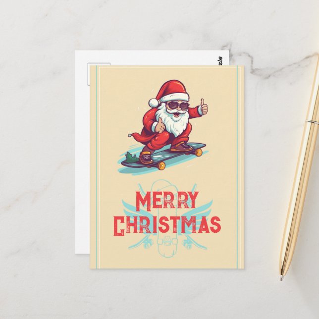 Santa Claus Skater Cartoon Illustration Postkarte (Vorderseite/Rückseite Beispiel)
