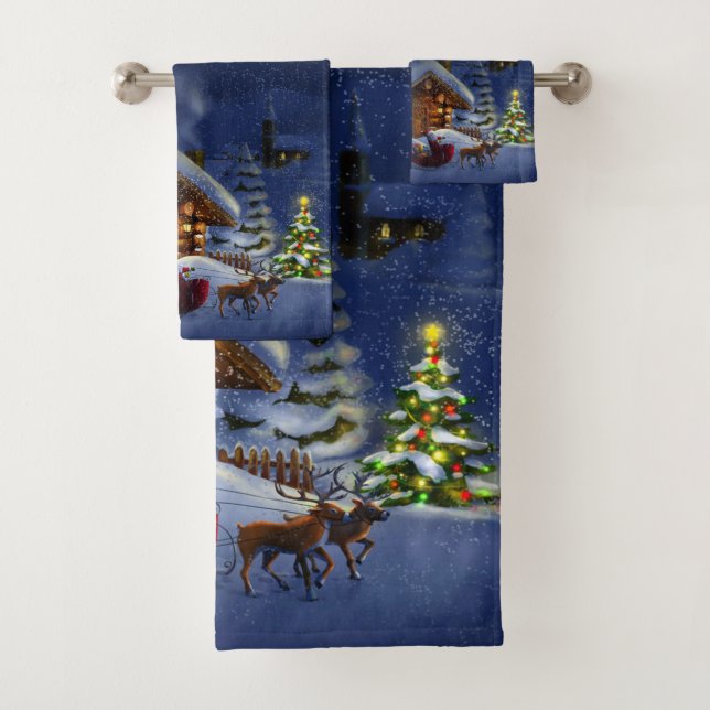 Santa Claus Sleigh Rentier Weihnachtsbaumen Badhandtuch Set (Insitu)