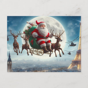 Santa Claus & Sleigh über Paris, Frankreich, skurr Postkarte