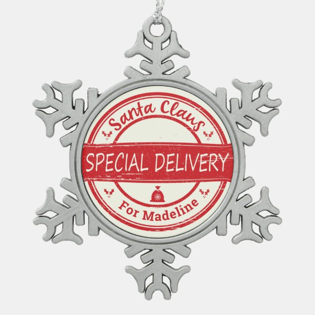 Santa Claus Special Delivery Individuelle Name Schneeflocken Zinn-Ornament (Vorderseite)