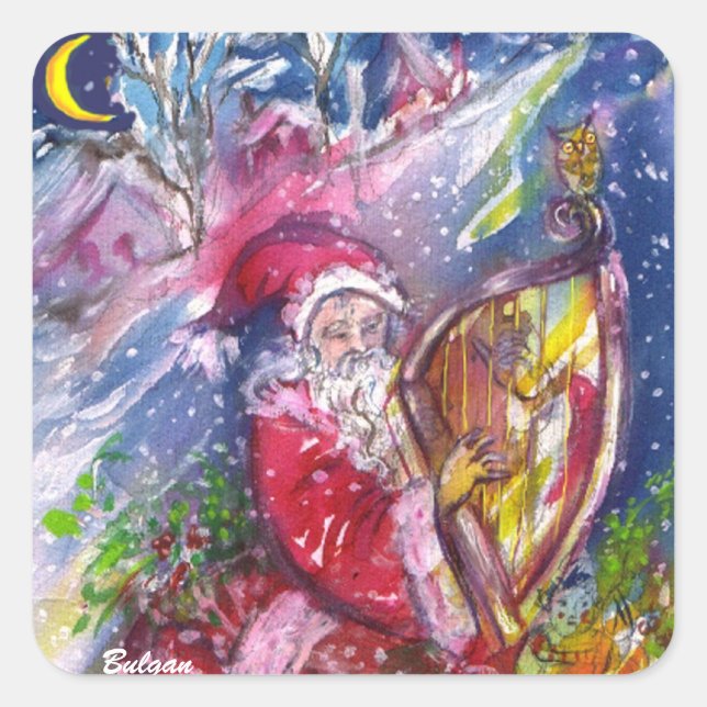 SANTA CLAUS SPIELEN HARP IM MONLIGHT QUADRATISCHER AUFKLEBER (Vorderseite)