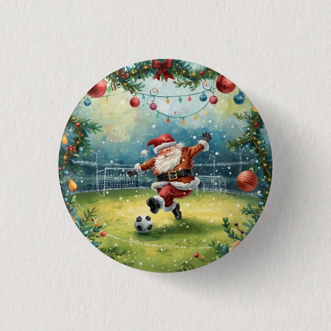 Santa Claus spielt Fußball Weihnachtsfeld Button (Vorderseite)