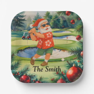 Santa Claus spielt Golf auf dem Golfplatz Weihnach Pappteller
