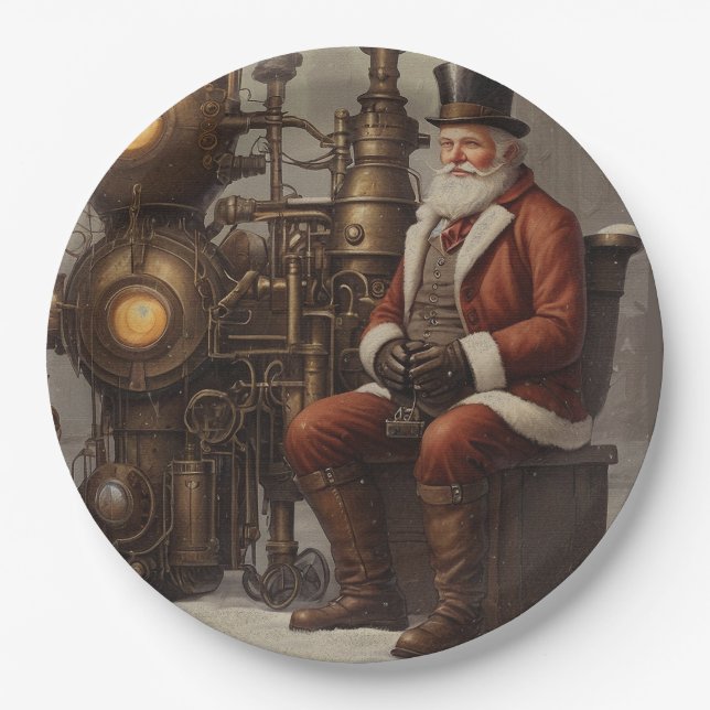 Santa Claus Steampunk Weihnachtsdesign Pappteller (Vorderseite)