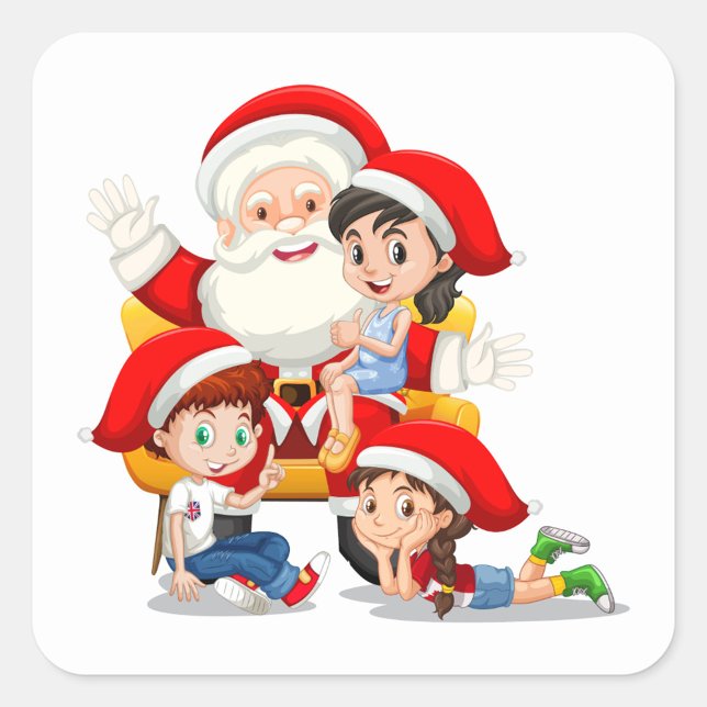 Santa Claus Sticker (Illustration of Santa Claus sitting on a yellow chair with three children wearing Santa hats.)