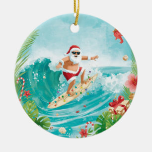 Santa Claus Surfer beim Weihnachts-Surfen Keramik Ornament