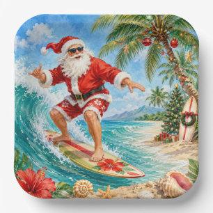 Santa Claus Surft am Strand Weihnachtsfeier Pappteller