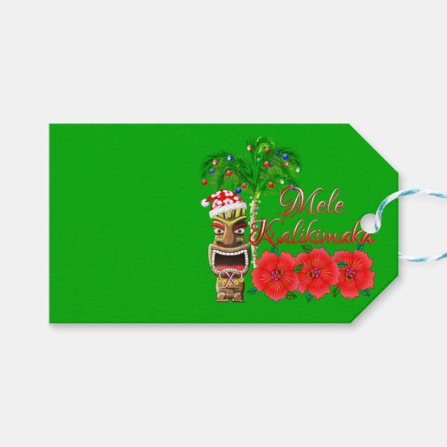 Santa Claus Tiki Mele Kalikimaka Geschenkanhänger (Vorderseite (Horizontal))