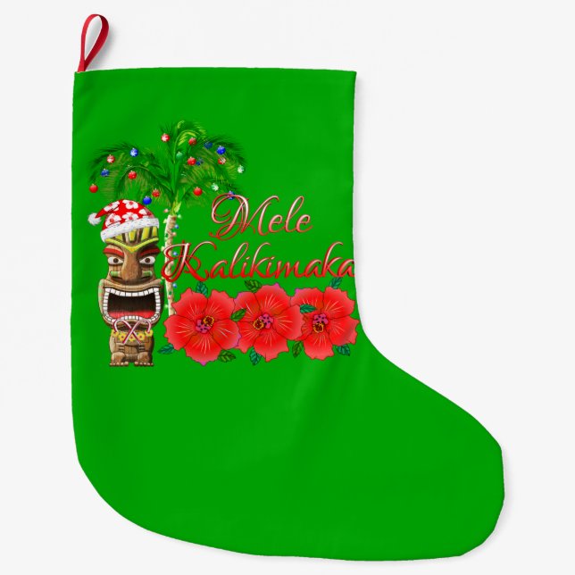 Santa Claus Tiki Mele Kalikimaka Großer Weihnachtsstrumpf (Vorderseite)