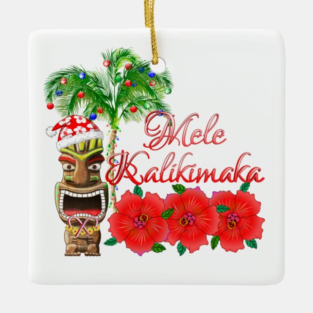 Santa Claus Tiki Mele Kalikimaka Keramikornament (Vorderseite)