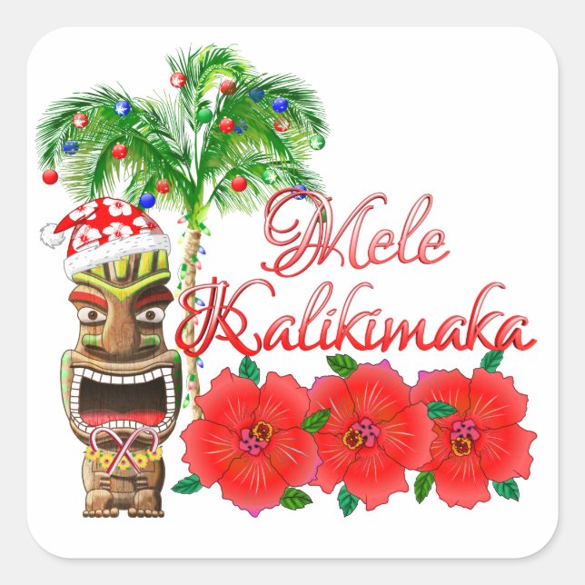 Santa Claus Tiki Mele Kalikimaka Quadratischer Aufkleber (Vorderseite)