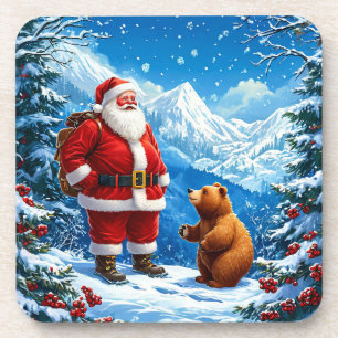 Santa Claus trifft freundlichen Bären im schneebed Getränkeuntersetzer