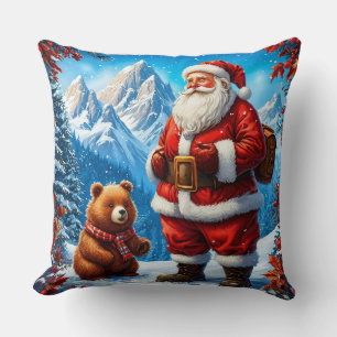 Santa Claus trifft freundlichen Bären im schneebed Kissen