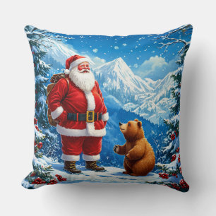 Santa Claus trifft freundlichen Bären im schneebed Kissen